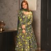 Elegant Green Color Silk Satin Digital Printed Sleeves Gown
