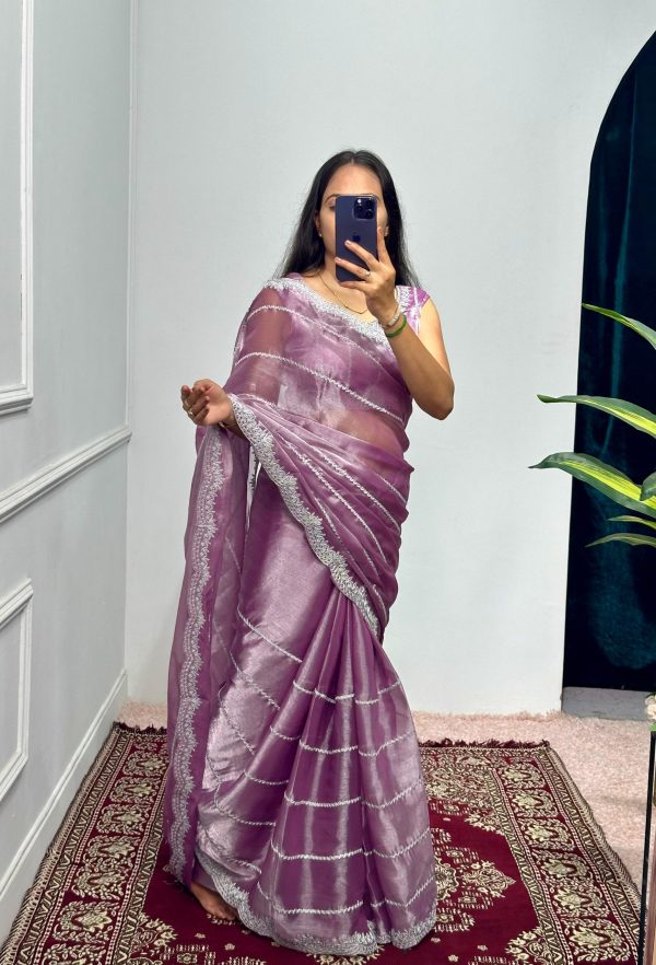 Fancy Light Purple Color Burberry Blooming Embroidery Zari Saree