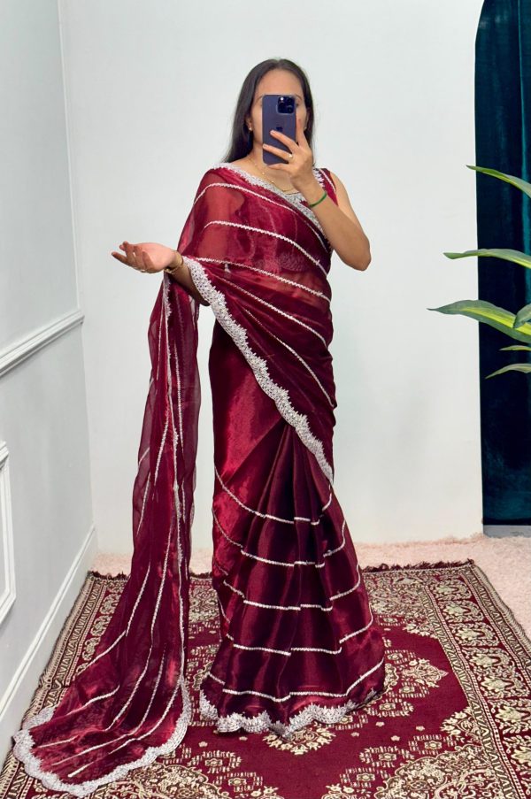 Fancy Maroon Color Burberry Blooming Embroidery Zari Saree