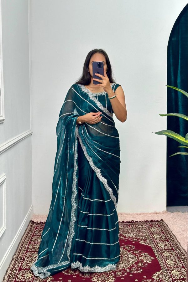 Fancy Peacock Blue Color Burbary Blooming Embroidery Saree