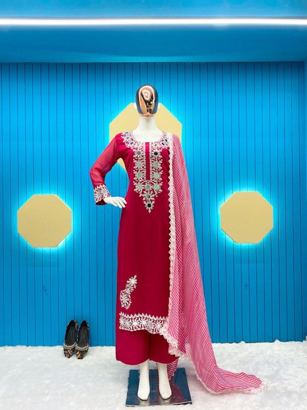 Fancy Pink Color Georgette Embroidery Mirror Work Salwar Suit