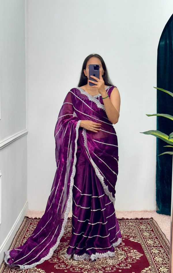 Fancy Purple Color Burberry Blooming Embroidery Zari Saree
