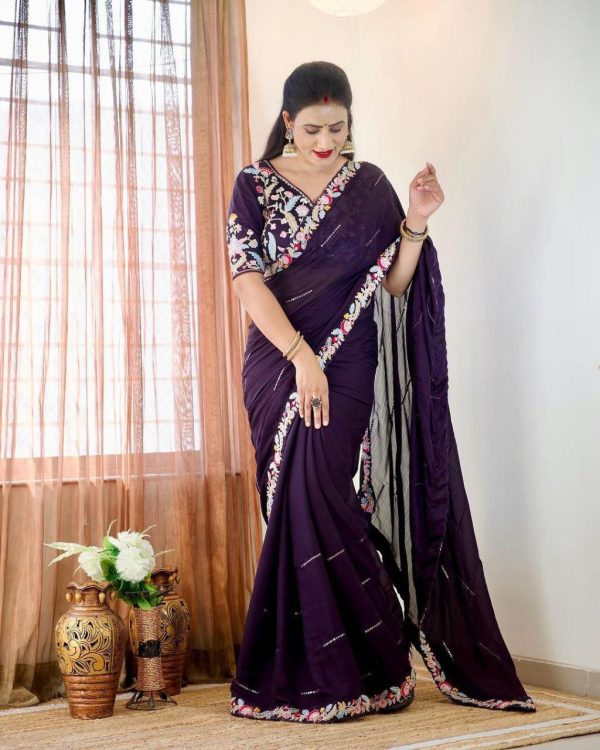 Fancy Purple Color Rangoli Silk Sequences Embroidery Saree