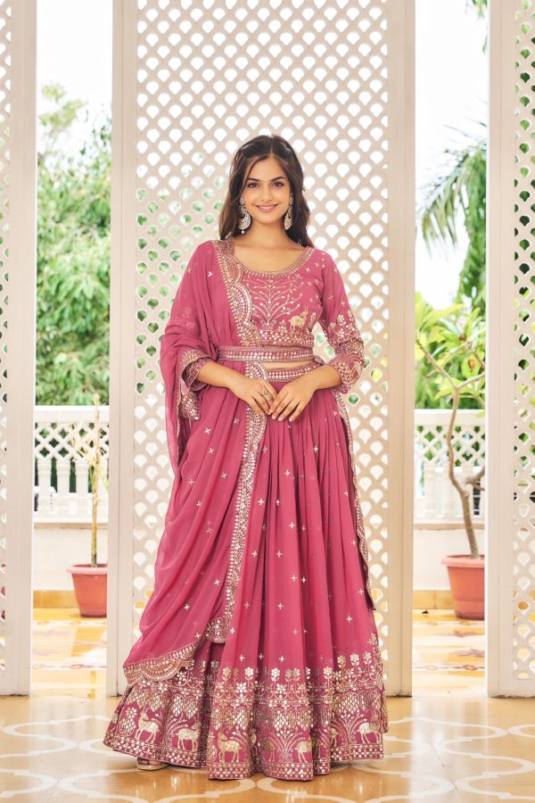 Fancy Raspberry Georgette Embroidery Sequence Lehenga Choli