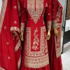 Fancy Red Chinnon Silk Embroidery Coding Dori Salwar Suit