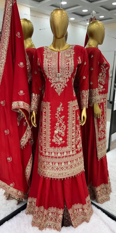 Fancy Red Chinnon Silk Embroidery Coding Dori Salwar Suit