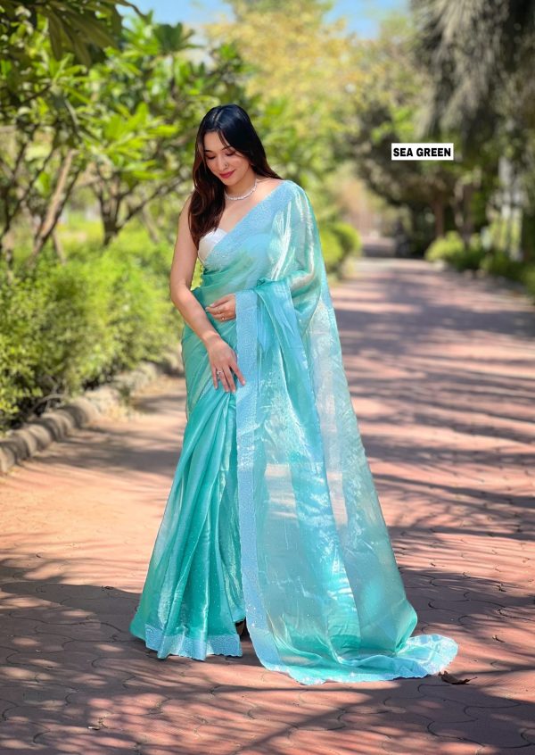Fancy Sea Green Color Burberry Silk Diamond Sequins Saree