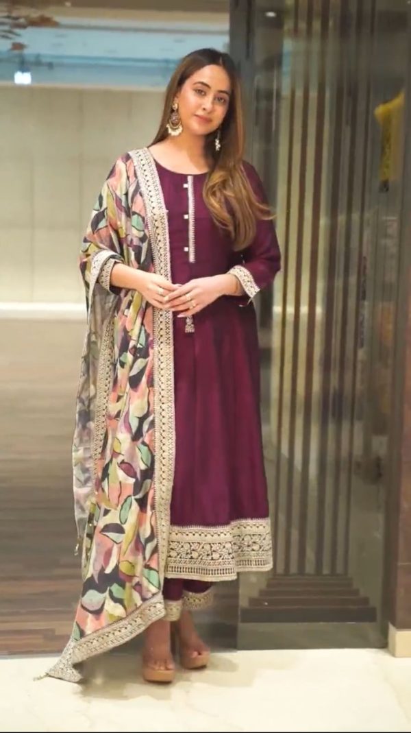 Fancy Wine Color Chinnon Silk Embroidery Sequence Gown