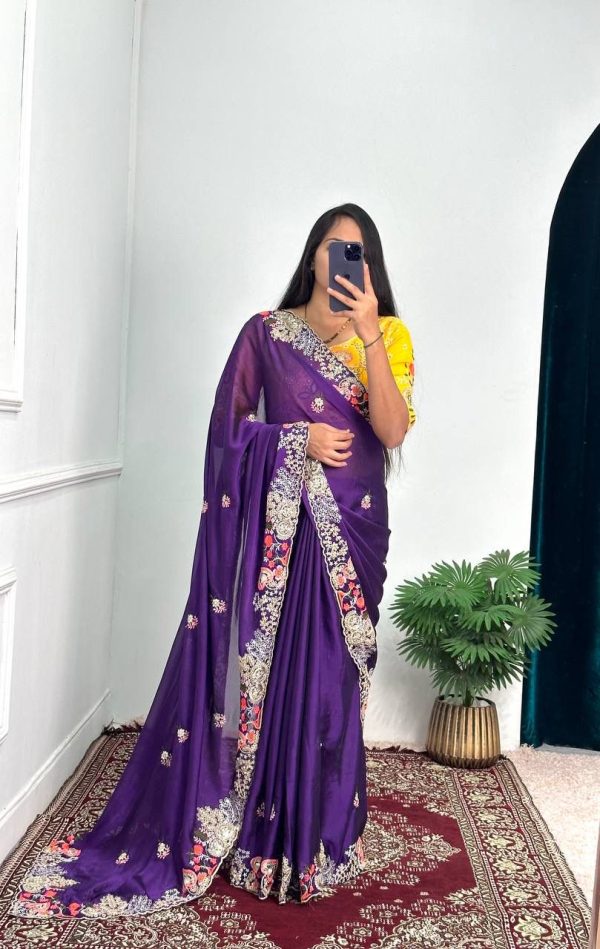 Fine Violet Color Blooming Rangoli Thread Embroidery Saree