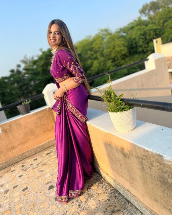 Graceful Purple Color Rangoli Silk Embroidery Work Lace Saree