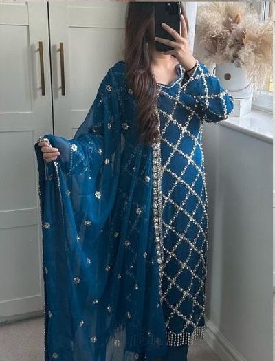 Grand Blue Color Georgette Embroidered Hand Work Salwar Suit