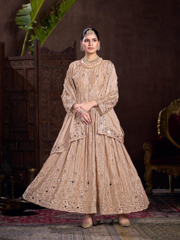 Grand Golden Color Chinon Silk Embroidery Sequence Gown