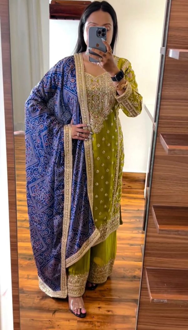 Grand Mehndi Chinnon Silk Embroidery Coding Dori Salwar Suit