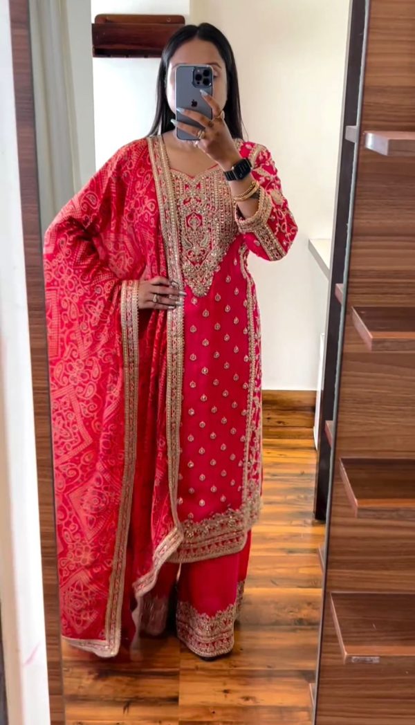 Grand Pink Color Chinnon Silk Embroidery Coding Dori Salwar Suit