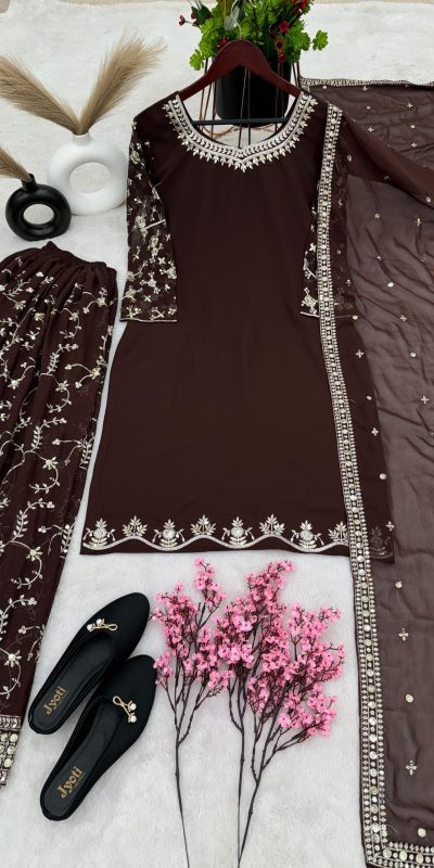Luminous Coffee Color Georgette Embroidery Sequence Salwar Suit