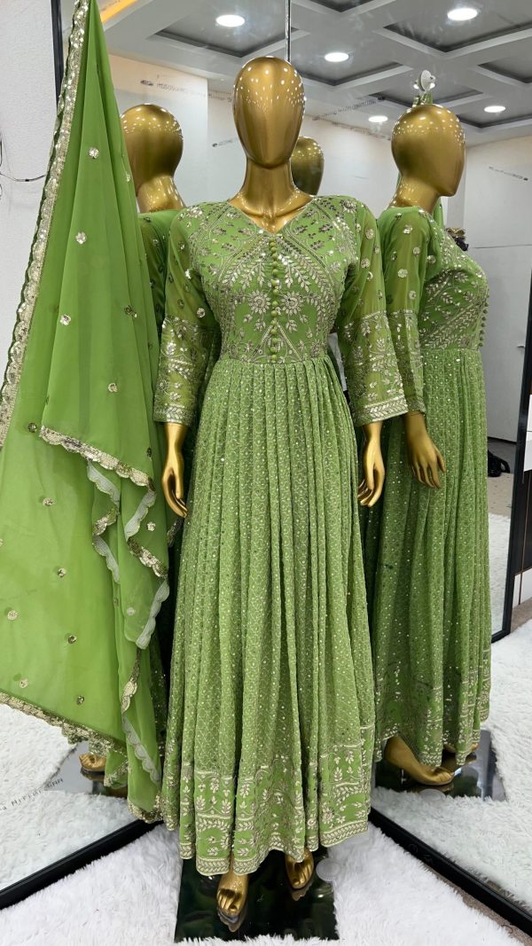 Luminous Green Color Georgette Embroidery Sequence Gown