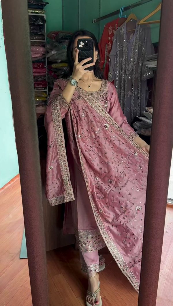 Majestic Pink Color Chinon Silk Embroidery Work Sharara Suit