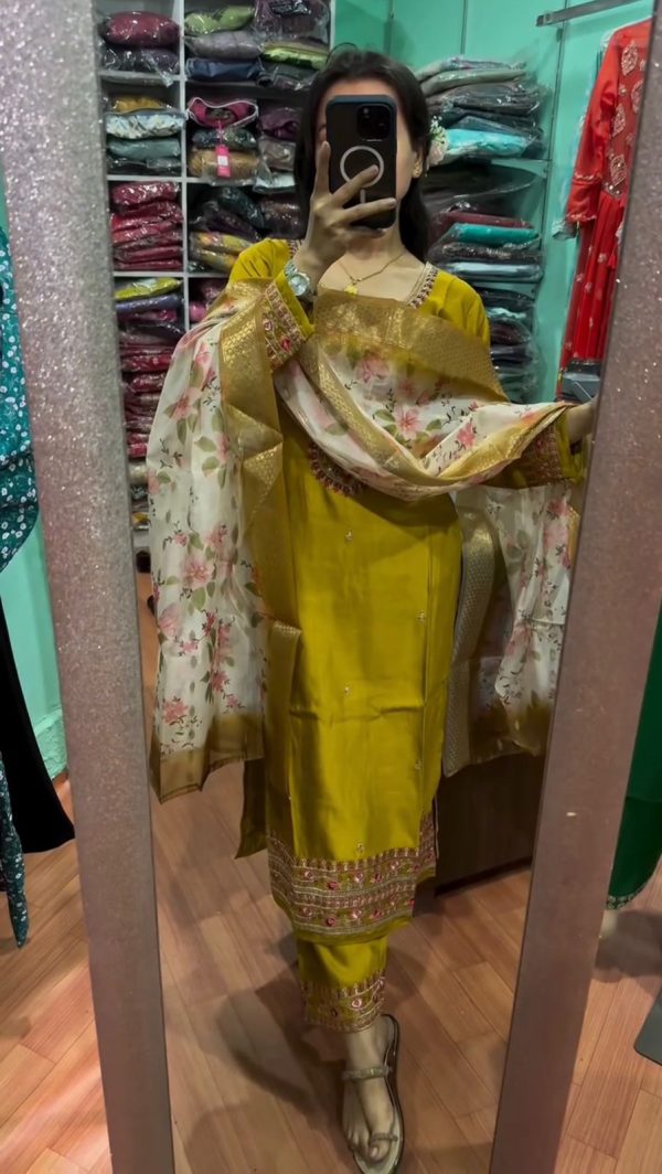 Aglow Yellow Color Chinon Silk Embroidery Work Sharara Suit
