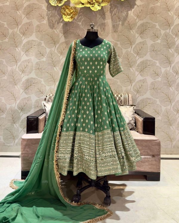 Peaceful Green Color Chinnon Embroidery Sequence Gown