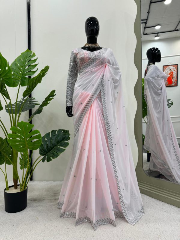 Peaceful Off Light Pink Color Georgette Thread Sequence Saree