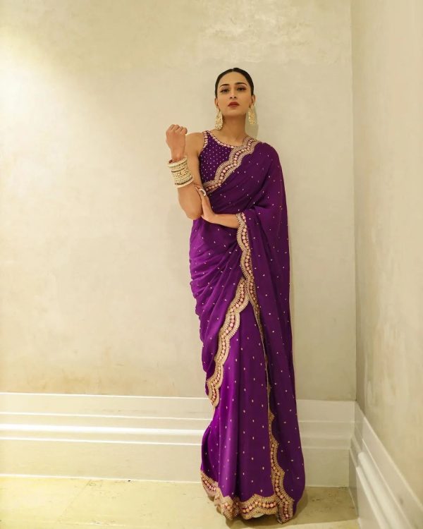 Peaceful Violet Color Georgette Thread Mith Moti Work Saree