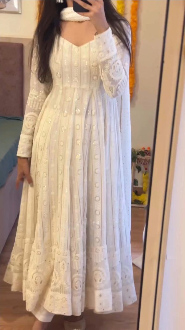 Peaceful White Color Georgette Embroidery Sequence Gown