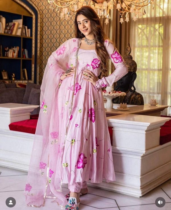 Perfect Pink Color Satin Georgette With Digital Print Anarkali Suit