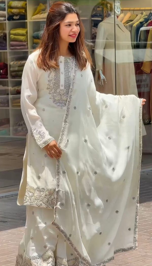 Perfect White Color Georgette Embroidery Sequence Salwar Suit