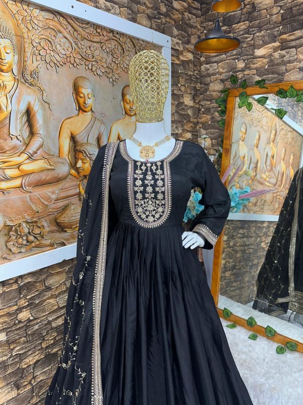Pretty Black Color Chinon Silk Embroidery Sequence Gown