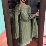 Pretty Mehndi Chinnon Silk Embroidery Sequence Salwar Suit