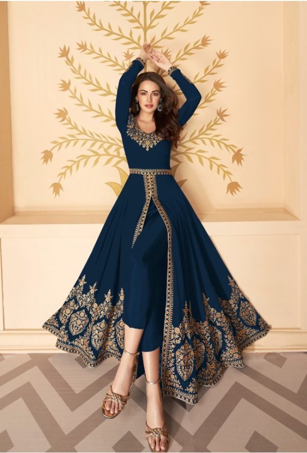Pretty Navy Blue Color Georgette Embroidery Sharara Suit