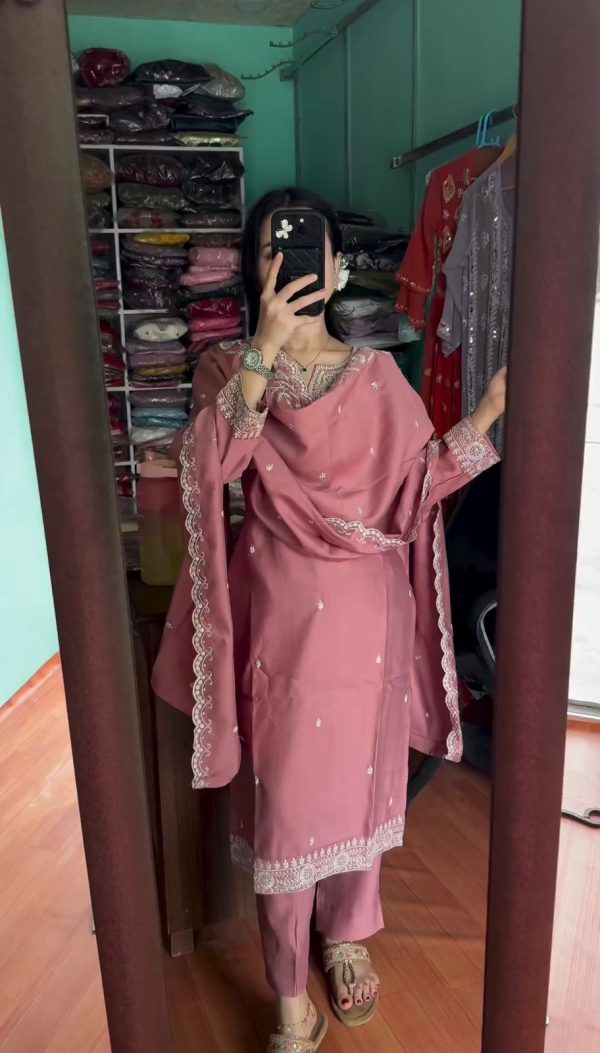 Pretty Pink Chinnon Silk Embroidery Sequence Salwar Suit