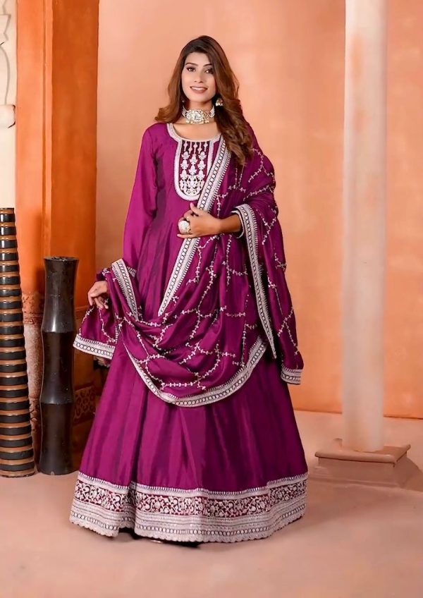 Pretty Purple Color Chinon Silk Embroidery Sequence Gown