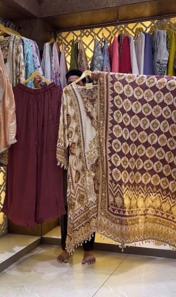 Pure Maroon Color Chinon Silk Digital Printed Work Sharara Suit
