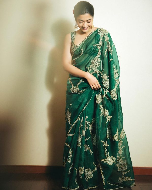 Rashmika mandanna Green Organza Silk Embroidered Saree