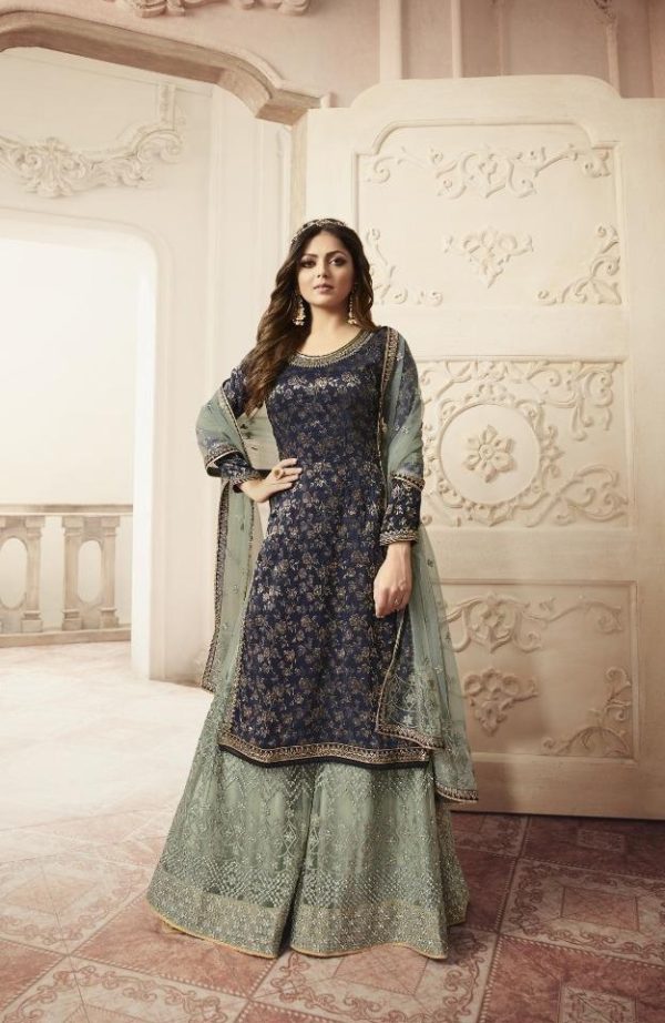 Special Blue Color Jacquard Silk Georgette Diamond Sharara Suit