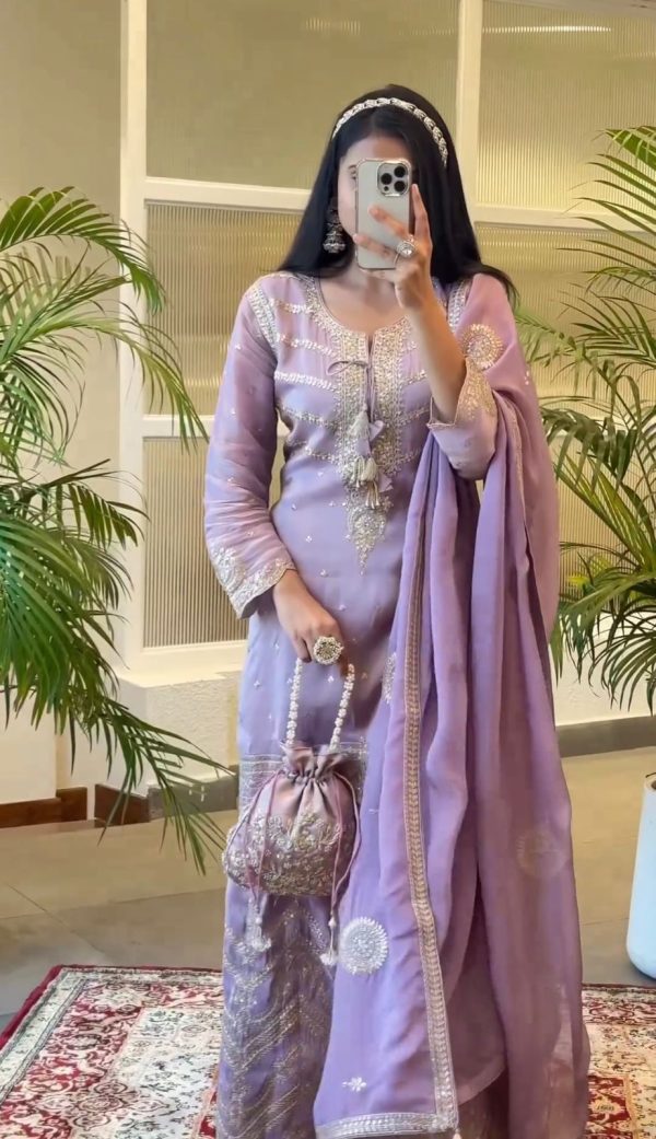 Superb Purple Chinnon Silk Malty Thread Embroidery Salwar Suit