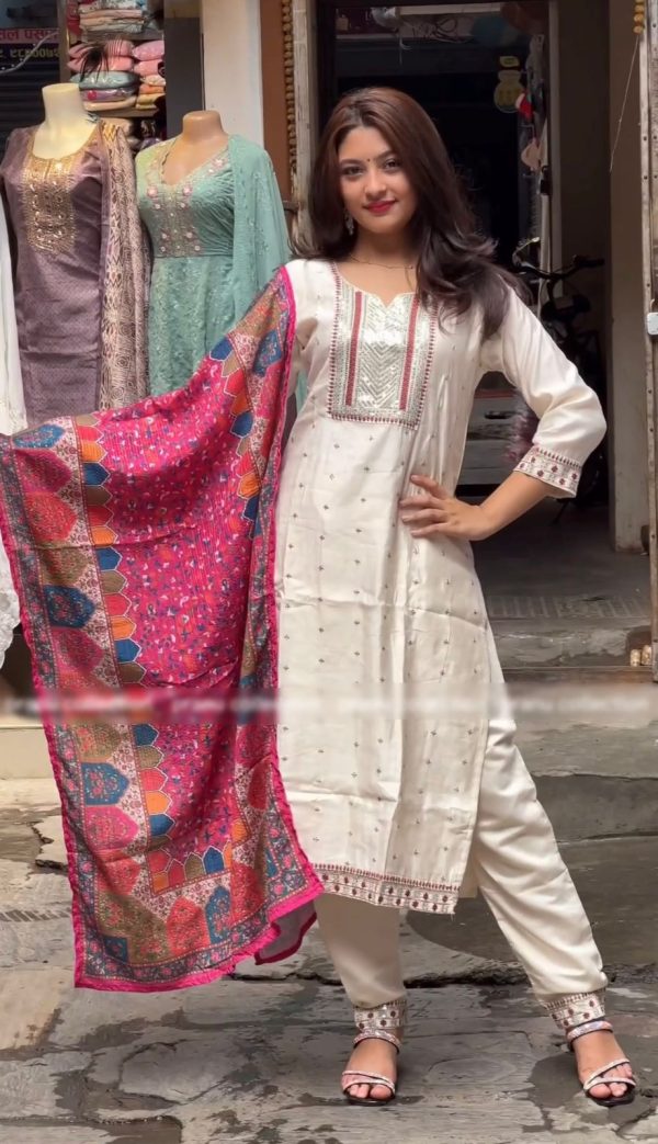 Special White Chinnon Silk Malty Thread Embroidery  Salwar Suit