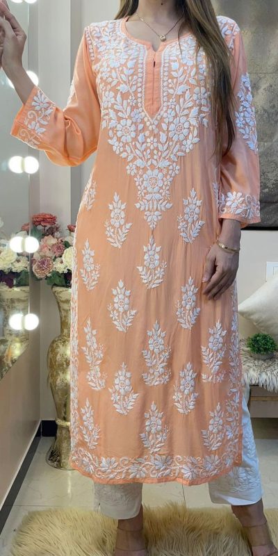 Splendorous Orange Color Rayon Chine Stitched Work Salwar Suit