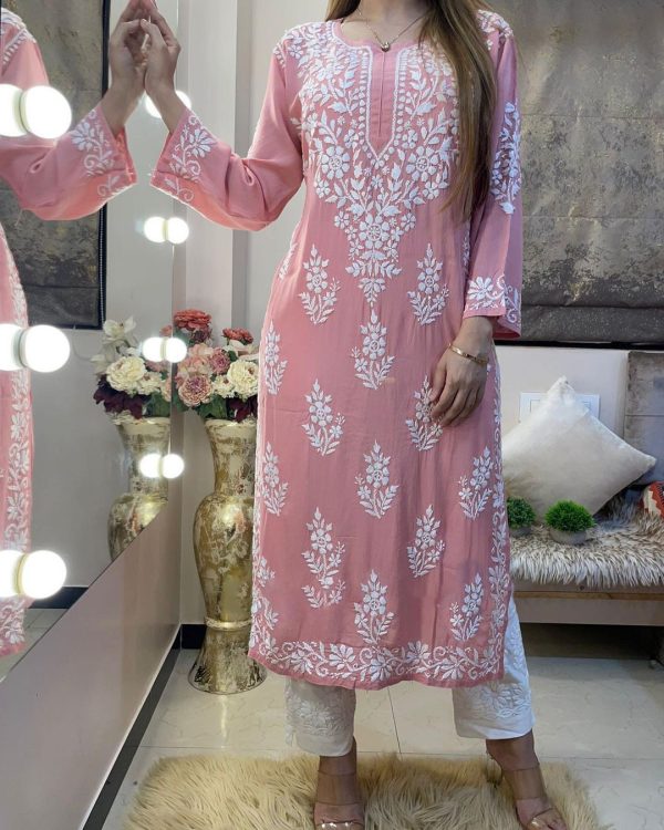 Splendorous Pink Color Rayon Chine Stitched Work Salwar Suit