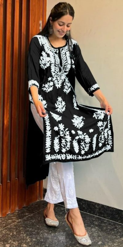 Stylish Black Color Heavy Rayon Cotton Style Embroidery Kurti