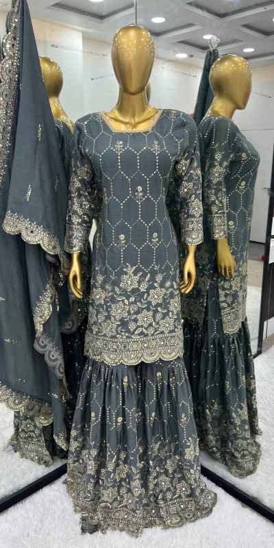 Stylish Blue Color Chinnon Silk Embroidery Work Sharara Suit
