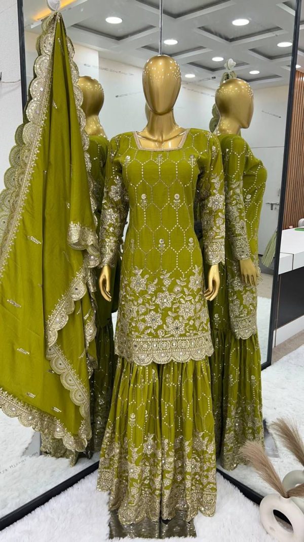 Stylish Green Color Chinnon Silk Embroidery Work Sharara Suit
