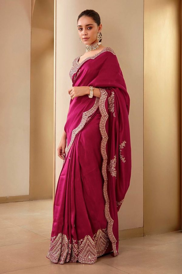 Stylish Pink Color Vichitra Silk Sequins Embroidery Saree