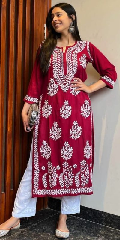 Stylish Red Color Heavy Rayon Cotton Style Embroidery Kurti