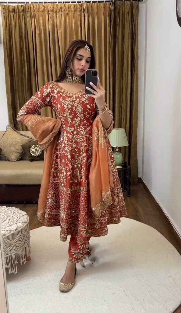 Aglow Orange Color Georgette Embroidery Sequence Gown
