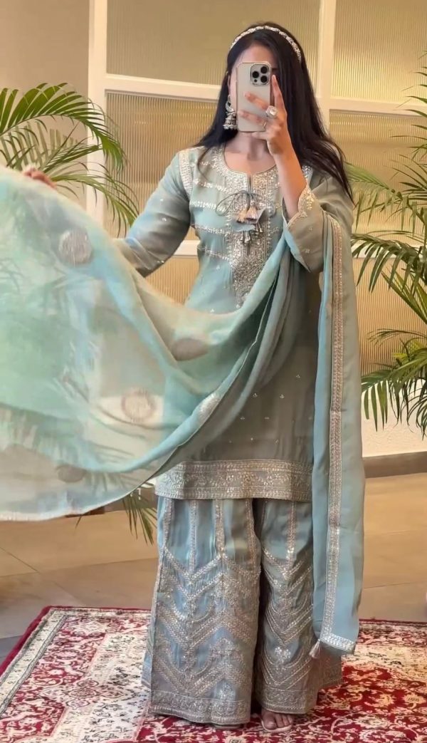 Superb Blue Chinnon Silk Malty Thread Embroidery Salwar Suit