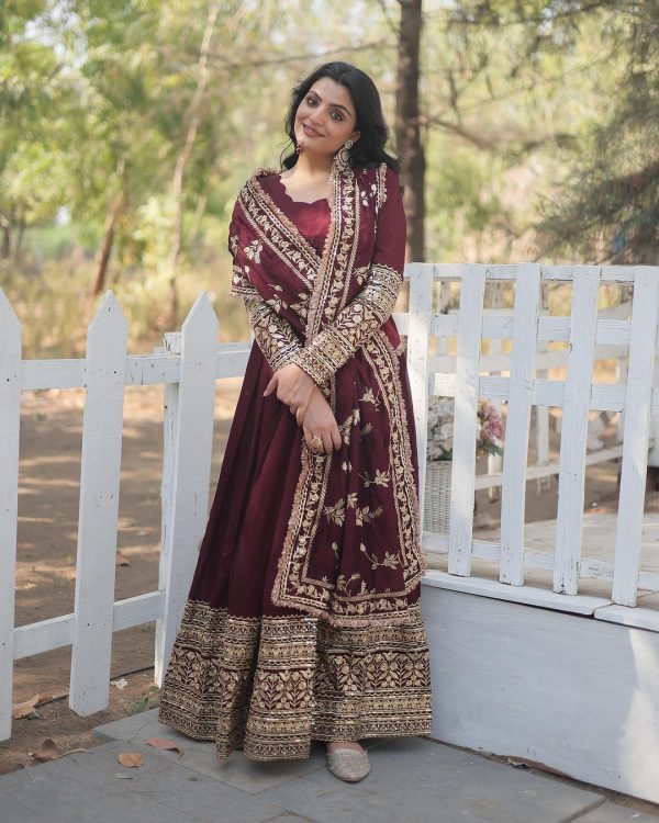 Superb Maroon Color Georgette Embroidery Sequence Gown