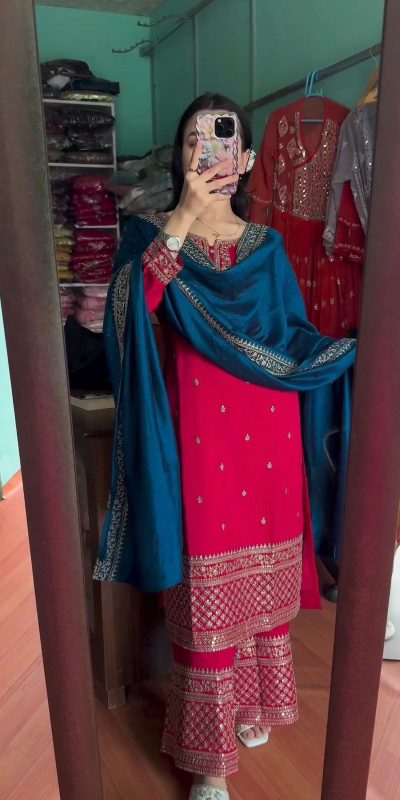 Superb Pink Color Chinnon Silk Embroidery Work Salwar Suit
