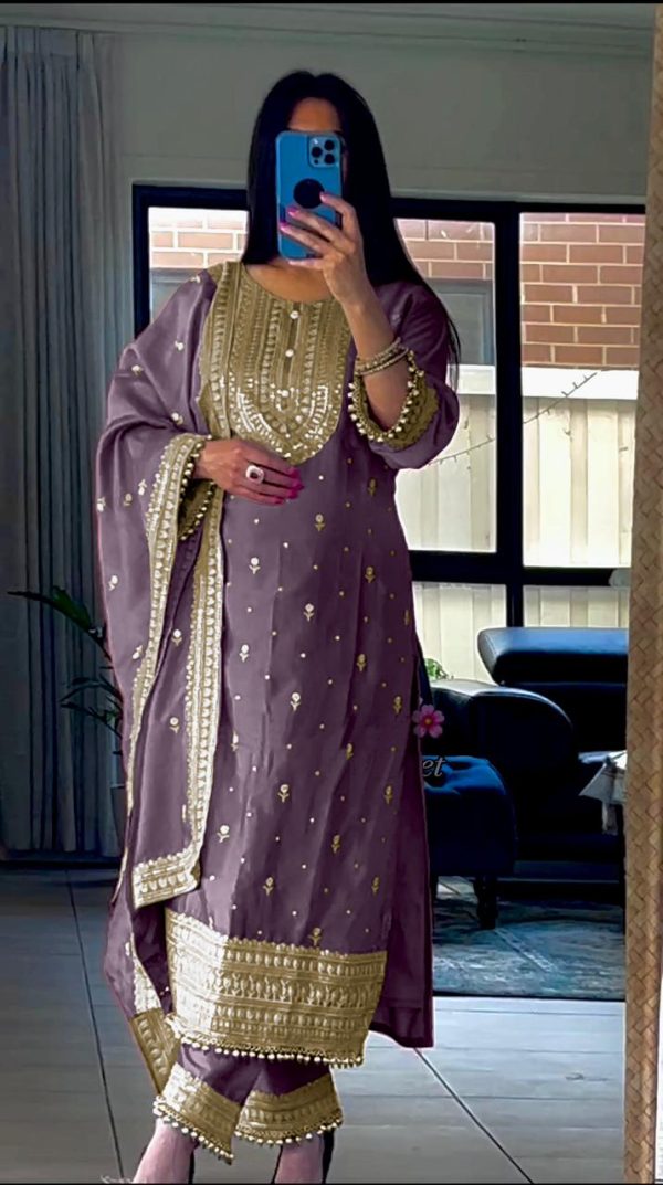Superb Purple Color Chinnon Silk Embroidery Salwar Suit